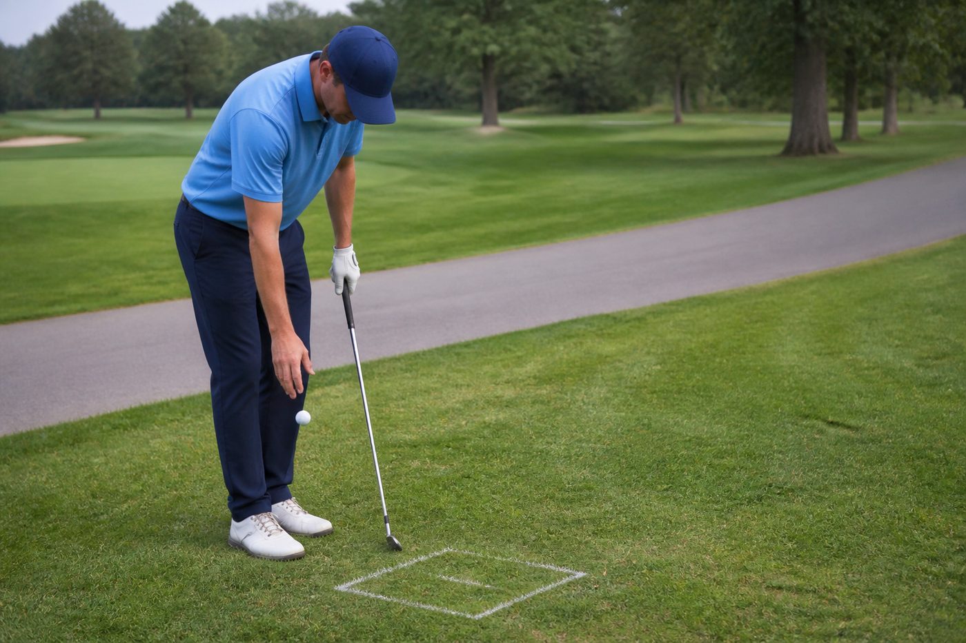 Golfer releasing a ball from knee height above a marked relief area of fairway, a cart path visible just behind