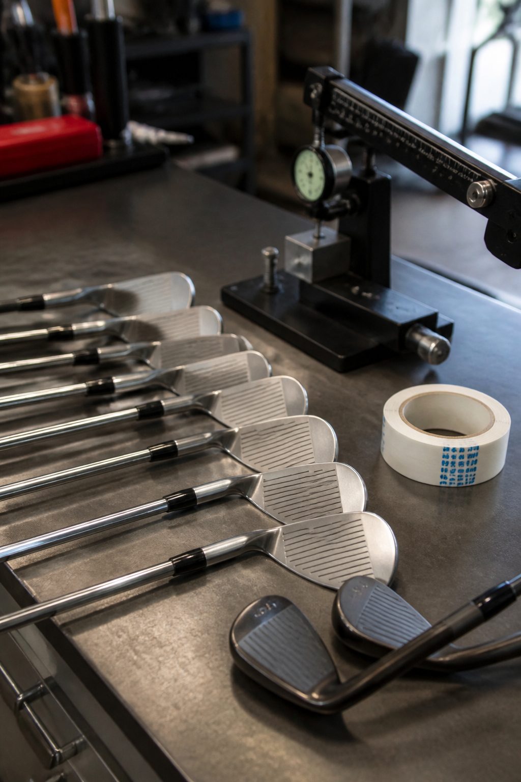 Set of irons and wedges laid out on a workshop bench next to a loft and lie machine and a roll of impact tape