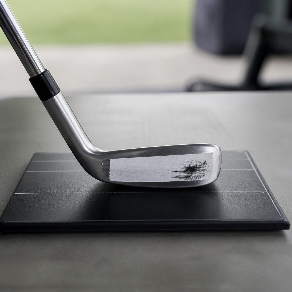 Iron soled on a black lie board with impact tape on the sole showing a fresh scuff mark towards the heel