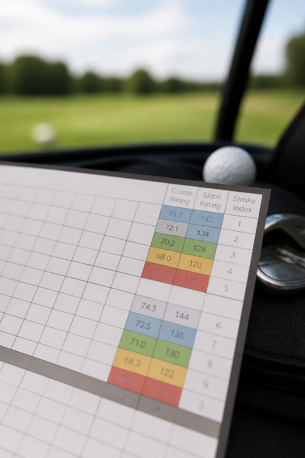 Close view of a blank generic golf scorecard with no club name, showing the course rating, slope rating and stroke index columns
