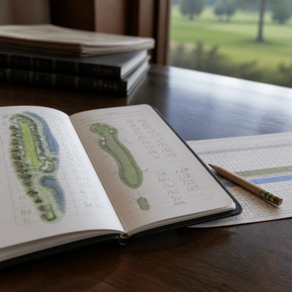 Open yardage book on a clubhouse table beside a pencil and a scorecard, with hand-written distances and slope notes on the page